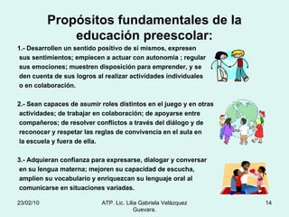 Propósitos fundamentales de la educación preescolar: 1.-   Desarrollen un sentido positivo de si mismos, expresen sus sentimientos; empiecen a actuar con autonomía ; regular sus emociones; muestren disposición para emprender, y se den cuenta de sus logros al realizar actividades individuales o en colaboración. 2.- Sean capaces de asumir roles distintos en el juego y en otras actividades; de trabajar en colaboración; de apoyarse entre  compañeros; de resolver conflictos a través del diálogo y de reconocer y respetar las reglas de convivencia en el aula en la escuela y fuera de ella. 3.- Adquieran confianza para expresarse, dialogar y conversar en su lengua materna; mejoren su capacidad de escucha, amplíen su vocabulario y enriquezcan su lenguaje oral al comunicarse en situaciones variadas. 23/02/10 ATP. Lic. Lilia Gabriela Velàzquez Guevara. 