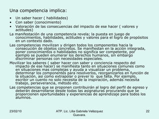 Una competencia implica: Un saber hacer ( habilidades) Con saber (conocimiento) Valoración de las consecuencias del impacto de ese hacer ( valores y actitudes) La manifestación de una competencia revela; la puesta en juego de conocimientos, habilidades, actitudes y valores para el logro de propósitos en un contexto dado. Las competencias movilizan y dirigen todos los componentes hacia la consecución de objetos concretos. Se manifiestan en la acción integrada, poner conocimientos o habilidades no significa ser competente, por ejemplo se pueden enumerar los derechos humanos, sin embargo discriminar personas con necesidades especiales. Movilizar los saberes ( saber hacer con saber y conciencia respecto del impacto de ese hacer) se manifiesta tanto en situaciones comunes como en situaciones mas complejas y ayuda a visualizar un problema, determinar los componentes para resolverlos, reorganizarlos en función de la situación, así como extrapolar o prever lo  que falta. Por ejemplo, escribir un cuento no solo necesita de la inspiración, además necesita trabajo, perseverancia, método etc. Las competencias que se proponen contribuirán al logro del perfil de egreso y deberán desarrollarse desde todas las asignaturas procurando que se proporcionen oportunidades y experiencias de aprendizaje para todos los alumnos. 23/02/10 ATP. Lic. Lilia Gabriela Velàzquez Guevara. 