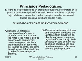 Principios Pedagógicos . El logro de los propósitos de un programa educativo, se concreta en la práctica cuando su aplicación se realiza en un ambiente propicio y bajo prácticas congruentes con los principios que dan sustento al trabajo educativo cotidiano con los niños. FINALIDADES DE LOS PRINCIPIOS PEDAGÓGICOS. A)  Brindar un referente conceptual común sobre algunas características de los niños y las niñas y de sus procesos de aprendizaje, como base para orientar la organización y el desarrollo del trabajo docente, así como la evaluación del aprendizaje y de las formas en que se propicia. B)  Destacar ciertas condiciones que favorecen la eficacia de la intervención educativa en el aula, así como una mejor organización del trabajo en la escuela; en este sentido, los principios pedagógicos son un referente para reflexionar sobre la propia práctica. 23/02/10 ATP. Lic. Lilia Gabriela Velàzquez Guevara. 