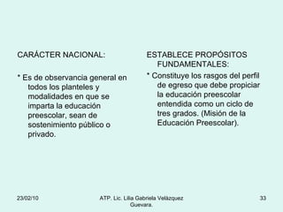 CARÁCTER NACIONAL: * Es de observancia general en todos los planteles y modalidades en que se imparta la educación preescolar, sean de sostenimiento público o privado. ESTABLECE PROPÓSITOS FUNDAMENTALES: * Constituye los rasgos del perfil de egreso que debe propiciar la educación preescolar entendida como un ciclo de tres grados. (Misión de la Educación Preescolar). 23/02/10 ATP. Lic. Lilia Gabriela Velàzquez Guevara. 