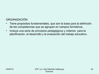 ORGANIZACIÓN: Tiene propósitos fundamentales, que son la base para la definición de las competencias que se agrupan en campos formativos. Incluye una serie de principios pedagógicos y criterios  para la planificación, el desarrollo y la evaluación del trabajo educativo. 23/02/10 ATP. Lic. Lilia Gabriela Velàzquez Guevara. 