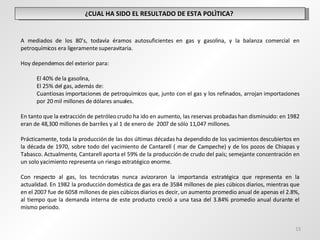 ¿CUAL HA SIDO EL RESULTADO DE ESTA POLÌTICA?  A mediados de los 80’s, todavía éramos autosuficientes en gas y gasolina, y la balanza comercial en petroquímicos era ligeramente superavitaria.  Hoy dependemos del exterior para: El 40% de la gasolina,  El 25% del gas, además de:  Cuantiosas importaciones de petroquímicos que, junto con el gas y los refinados, arrojan importaciones por 20 mil millones de dólares anuales.  En tanto que la extracción de petróleo crudo ha ido en aumento, las reservas probadas han disminuido: en 1982 eran de 48,300 millones de barriles y al 1 de enero de  2007 de sólo 11,047 millones.   Prácticamente, toda la producción de las dos últimas décadas ha dependido de los yacimientos descubiertos en la década de 1970, sobre todo del yacimiento de Cantarell ( mar de Campeche) y de los pozos de Chiapas y Tabasco. Actualmente, Cantarell aporta el 59% de la producción de crudo del país; semejante concentración en un solo yacimiento representa un riesgo estratégico enorme. Con respecto al gas, los tecnócratas nunca avizoraron la importancia estratégica que representa en la actualidad. En 1982 la producción doméstica de gas era de 3584 millones de pies cúbicos diarios, mientras que en el 2007 fue de 6058 millones de pies cúbicos diarios es decir, un aumento promedio anual de apenas el 2.8%, al tiempo que la demanda interna de este producto creció a una tasa del 3.84% promedio anual durante el mismo periodo. 