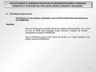 POR QUE MIENTE EL GOBIERNO ESPURIO EN SUS ARGUMENTOS SOBRE EL PROBLEMA ENERGÈTICO Y PETROLERO DEL PAÌS: MITOS, MEDIAS VERDADES Y REALIDADES.  2.-  El Gobierno Espurio dice: Que Pemex es una empresa endeudada y que enfrenta millonarias amortizaciones  de PIDIREGAS. Realidad: Pero se oculta que es posible utilizar las reservas internacionales, tal y como se hizo en 2006 (para prepagar deuda externa) y liquidar de manera  anticipada los costosos PIDIREGAS. Que el Gobierno puede emitir bonos de deuda a un costo financiero muy  inferior al de los PIDIREGAS. 
