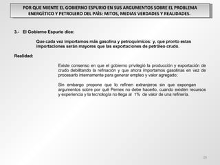 POR QUE MIENTE EL GOBIERNO ESPURIO EN SUS ARGUMENTOS SOBRE EL PROBLEMA ENERGÈTICO Y PETROLERO DEL PAÌS: MITOS, MEDIAS VERDADES Y REALIDADES.  3.-  El Gobierno Espurio dice: Que cada vez importamos más gasolina y petroquímicos: y, que pronto estas  importaciones serán mayores que las exportaciones de petróleo crudo. Realidad: Existe consenso en que el gobierno privilegió la producción y exportación de  crudo debilitando la refinación y que ahora importamos gasolinas en vez de  procesarlo internamente para generar empleo y valor agregado; Sin embargo propone que lo refinen extranjeros sin que expongan  argumentos sobre por qué Pemex no debe hacerlo, cuando existen recursos  y experiencia y la tecnología no llega al  1%  de valor de una refinería. 