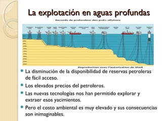 La explotación en aguas profundasLa explotación en aguas profundas
 La disminución de la disponibilidad de reservas petroleras
de fácil acceso.
 Los elevados precios del petroleros.
 Las nuevas tecnologías nos han permitido explorar y
extraer esos yacimientos.
 Pero el costo ambiental es muy elevado y sus consecuencias
son inimaginables.
 
