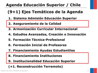 Agenda Educación Superior / Chile
          (9+1) Ejes Temáticos de la Agenda
           1. Sistema Admisión Educación Superior
           2. Aseguramiento de la Calidad
           3. Armonización Curricular Internacional
           4. Estudios Avanzados, Creación e Innovación
           5. Formación Técnica-Profesional
           6. Formación Inicial de Profesores
           7. Financiamiento Ayudas Estudiantiles
           8. Financiamiento Instituciones
           9. Institucionalidad Educación Superior
           (+1. Reconstrucción Terremoto)
Gobierno de Chile | Ministerio de Educación               23
 