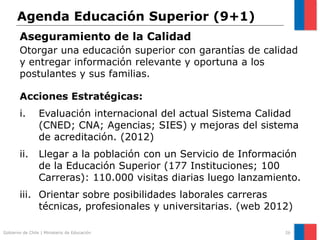 Agenda Educación Superior (9+1)
        Aseguramiento de la Calidad
        Otorgar una educación superior con garantías de calidad
        y entregar información relevante y oportuna a los
        postulantes y sus familias.

        Acciones Estratégicas:
        i.       Evaluación internacional del actual Sistema Calidad
                 (CNED; CNA; Agencias; SIES) y mejoras del sistema
                 de acreditación. (2012)
        ii.      Llegar a la población con un Servicio de Información
                 de la Educación Superior (177 Instituciones; 100
                 Carreras): 110.000 visitas diarias luego lanzamiento.
        iii. Orientar sobre posibilidades laborales carreras
             técnicas, profesionales y universitarias. (web 2012)

Gobierno de Chile | Ministerio de Educación                       26
 