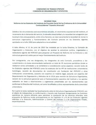 1 Propuesta Reforma Estatutos del IPSPUCO - Comisión Organización y Estatutos /Noviembre 2011
 