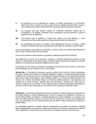  
	
  

I.

Las personas que con el propósito de obtener un crédito, proporcionen a la Financiera,
datos falsos sobre el monto de activos o pasivos de una entidad o persona física o moral, si
como consecuencia de ello resulta quebranto o perjuicio patrimonial para la institución;

II.

Las personas que para obtener créditos de Financiera, presenten avalúos que no
correspondan a la realidad, resultando como consecuencia de ello quebranto o perjuicio
patrimonial para la institución;

III.

Los deudores que no destinen el importe del crédito a los fines pactados, y como
consecuencia de ello resulte quebranto o perjuicio patrimonial a la institución, y

IV.

Los acreditados que desvíen un crédito a fines distintos para los que se otorgó, si dicha
finalidad fue determinante para el otorgamiento del crédito en condiciones preferenciales.

Las penas previstas en este Artículo se reducirán a un tercio cuando se acredite haber reparado el
daño o haber resarcido el perjuicio ocasionado.
En los casos previstos en este Artículo, se procederá a petición de parte de la Financiera.
Para determinar el monto de la operación, quebranto o perjuicio patrimonial, previstos en este
artículo, se considerarán como días de salario, el salario mínimo general diario vigente en el Distrito
Federal, en el momento de cometerse el delito de que se trate.
Lo dispuesto en este artículo, no excluye la imposición de las sanciones que conforme a otras leyes
fueren aplicables, por la comisión de otro u otros delitos.
Artículo 60.- La Secretaría de Hacienda, oyendo la opinión de la Comisión, dictará disposiciones
de carácter general que tengan como finalidad establecer medidas y procedimientos para prevenir
y detectar en la Financiera, actos u operaciones que puedan ubicarse en los supuestos del artículo
400 bis del Código Penal Federal o que pretendan auxiliar a la comisión del delito previsto en el
artículo 139 o 148 bis del referido Código. La Financiera deberá presentar a esa Secretaría, por
conducto de la citada Comisión, reportes sobre las operaciones y servicios que realice con sus
clientes y usuarios, por los montos y en los supuestos que en dichas disposiciones se establezcan,
así como la información relacionada con los mismos que la Secretaría de Hacienda solicite.
…
Artículo 61.- La Financiera prestará los servicios de asistencia y defensa legal a los integrantes de
su Consejo Directivo, comités establecidos por el mismo o previstos por disposición normativa y a
los servidores públicos que laboren o hubieren laborado en la propia institución, con respecto a los
actos que dichas personas realicen en el ejercicio de las funciones que tengan encomendadas por
ley y de conformidad con los lineamientos que para tal efecto emita la Secretaría de Hacienda y
Crédito Público.
La mencionada asistencia y defensa legal se proporcionará aun cuando las personas indicadas
dejen de desempeñar sus funciones o prestar sus servicios a la Financiera, siempre que se trate de
actos realizados en el desempeño de sus funciones o actividades al servicio de la Financiera.

130	
  
	
  

 