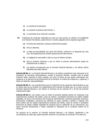  
	
  

c)
d)

La condición económica del infractor, y

e)
IV.

La cuantía de la operación;

La naturaleza de la infracción cometida.

Tratándose de conductas calificadas por esta Ley como graves, en adición a lo establecido
en la fracción III anterior, podrá tomar en cuenta cualquiera de los aspectos siguientes:
a)

El monto del quebranto o perjuicio patrimonial causado;

b)

El lucro obtenido;

c)

La falta de honorabilidad, por parte del infractor, conforme a lo dispuesto por esta
Ley y las disposiciones de carácter general que de ella emanen;

d)

La negligencia inexcusable o dolo con que se hubiere actuado;

e)

Que la conducta infractora a que se refiere el proceso administrativo pueda ser
constitutiva de un delito; o

f)

Las demás circunstancias que la Comisión Nacional Bancaria y de Valores estime
aplicables para tales efectos.

Artículo 88 Bis 1.- La Comisión Nacional Bancaria y de Valores considerará como atenuante en la
imposición de sanciones administrativas, cuando el presunto infractor, acredite ante la propia
Comisión haber resarcido el daño causado, así como el hecho de que aporte información que
coadyuve en el ejercicio de las atribuciones de la Comisión en materia de inspección y vigilancia, a
efecto de deslindar responsabilidades.
Artículo 88 Bis 2.- Los procedimientos para la imposición de las sanciones administrativas a que
se refiere esta Ley se iniciarán con independencia de la opinión de delito que, en su caso, emita la
Comisión Nacional Bancaria y de Valores en términos de los artículos 95 y 95 Bis del presente
ordenamiento legal.
Artículo 88 Bis 3.- Las multas a que se refiere el presente Capítulo podrán ser impuestas a las
organizaciones auxiliares del crédito, casas de cambio y sociedades financieras de objeto múltiple
reguladas, así como a los miembros del consejo de administración, directores generales, directivos,
funcionarios, empleados o personas que ostenten un cargo, mandato, comisión o cualquier otro
título jurídico que las citadas organizaciones auxiliares del crédito, casas de cambio y sociedades
financieras de objeto múltiple reguladas les otorguen para la realización de sus operaciones, que
hayan incurrido directamente o hayan ordenado la realización de la conducta materia de la
infracción.
Sin perjuicio de lo anterior, la Comisión Nacional Bancaria y de Valores, atendiendo a las
circunstancias de cada caso, podrá proceder conforme a lo previsto en el artículo 74 de esta Ley.

233	
  
	
  

 