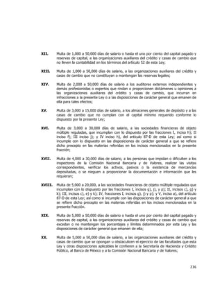  
	
  

XII.

Multa de 1,000 a 50,000 días de salario o hasta el uno por ciento del capital pagado y
reservas de capital, a las organizaciones auxiliares del crédito y casas de cambio que
no lleven la contabilidad en los términos del artículo 52 de esta Ley;

XIII.

Multa de 1,000 a 50,000 días de salario, a las organizaciones auxiliares del crédito y
casas de cambio que no constituyan o mantengan las reservas legales;

XIV.

Multa de 2,000 a 50,000 días de salario a los auditores externos independientes y
demás profesionistas o expertos que rindan o proporcionen dictámenes u opiniones a
las organizaciones auxiliares del crédito y casas de cambio, que incurran en
infracciones a la presente Ley o a las disposiciones de carácter general que emanen de
ella para tales efectos;

XV.

Multa de 3,000 a 15,000 días de salario, a los almacenes generales de depósito y a las
casas de cambio que no cumplan con el capital mínimo requerido conforme lo
dispuesto por la presente Ley;

XVI.

Multa de 3,000 a 30,000 días de salario, a las sociedades financieras de objeto
múltiple reguladas, que incumplan con lo dispuesto por las fracciones I, inciso h); II
inciso f); III inciso j); y IV inciso h), del artículo 87-D de esta Ley; así como si
incumple con lo dispuesto en las disposiciones de carácter general a que se refiere
dicho precepto en las materias referidas en los incisos mencionados en la presente
fracción;

XVII.

Multa de 4,000 a 30,000 días de salario, a las personas que impidan o dificulten a los
inspectores de la Comisión Nacional Bancaria y de Valores, realizar las visitas
correspondientes, verificar los activos, pasivos o la existencia de mercancías
depositadas, o se nieguen a proporcionar la documentación e información que les
requieran;

XVIII.

Multa de 5,000 a 20,000, a las sociedades financieras de objeto múltiple reguladas que
incumplan con lo dispuesto por las fracciones I, incisos g), j), y p); II, incisos c), g) y
k); III, incisos c), e) y k); IV, fracciones I, incisos g), j) y p); y V, inciso a), del artículo
87-D de esta Ley; así como si incumple con las disposiciones de carácter general a que
se refiere dicho precepto en las materias referidas en los incisos mencionados en la
presente fracción.

XIX.

Multa de 5,000 a 50,000 días de salario o hasta el uno por ciento del capital pagado y
reservas de capital, a las organizaciones auxiliares del crédito y casas de cambio que
excedan o no mantengan los porcentajes y límites determinados por esta Ley y las
disposiciones de carácter general que emanen de ella;

XX.

Multa de 5,000 a 50,000 días de salario, a las organizaciones auxiliares del crédito y
casas de cambio que se opongan u obstaculicen el ejercicio de las facultades que esta
Ley y otras disposiciones aplicables le confieren a la Secretaría de Hacienda y Crédito
Público, al Banco de México y a la Comisión Nacional Bancaria y de Valores;

236	
  
	
  

 