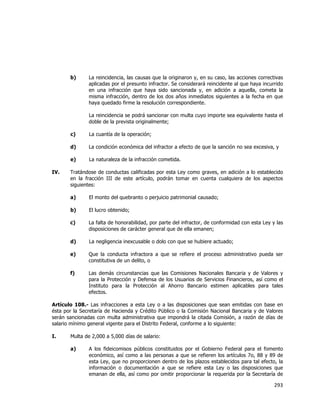  
	
  

b)

La reincidencia, las causas que la originaron y, en su caso, las acciones correctivas
aplicadas por el presunto infractor. Se considerará reincidente al que haya incurrido
en una infracción que haya sido sancionada y, en adición a aquella, cometa la
misma infracción, dentro de los dos años inmediatos siguientes a la fecha en que
haya quedado firme la resolución correspondiente.
La reincidencia se podrá sancionar con multa cuyo importe sea equivalente hasta el
doble de la prevista originalmente;

c)
d)

La condición económica del infractor a efecto de que la sanción no sea excesiva, y

e)
IV.

La cuantía de la operación;

La naturaleza de la infracción cometida.

Tratándose de conductas calificadas por esta Ley como graves, en adición a lo establecido
en la fracción III de este artículo, podrán tomar en cuenta cualquiera de los aspectos
siguientes:
a)

El monto del quebranto o perjuicio patrimonial causado;

b)

El lucro obtenido;

c)

La falta de honorabilidad, por parte del infractor, de conformidad con esta Ley y las
disposiciones de carácter general que de ella emanen;

d)

La negligencia inexcusable o dolo con que se hubiere actuado;

e)

Que la conducta infractora a que se refiere el proceso administrativo pueda ser
constitutiva de un delito, o

f)

Las demás circunstancias que las Comisiones Nacionales Bancaria y de Valores y
para la Protección y Defensa de los Usuarios de Servicios Financieros, así como el
Instituto para la Protección al Ahorro Bancario estimen aplicables para tales
efectos.

Artículo 108.- Las infracciones a esta Ley o a las disposiciones que sean emitidas con base en
ésta por la Secretaría de Hacienda y Crédito Público o la Comisión Nacional Bancaria y de Valores
serán sancionadas con multa administrativa que impondrá la citada Comisión, a razón de días de
salario mínimo general vigente para el Distrito Federal, conforme a lo siguiente:
I.

Multa de 2,000 a 5,000 días de salario:
a)

A los fideicomisos públicos constituidos por el Gobierno Federal para el fomento
económico, así como a las personas a que se refieren los artículos 7o, 88 y 89 de
esta Ley, que no proporcionen dentro de los plazos establecidos para tal efecto, la
información o documentación a que se refiere esta Ley o las disposiciones que
emanan de ella, así como por omitir proporcionar la requerida por la Secretaría de

293	
  
	
  

 