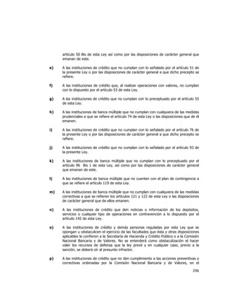  
	
  

artículo 50 Bis de esta Ley así como por las disposiciones de carácter general que
emanan de este.
e)

A las instituciones de crédito que no cumplan con lo señalado por el artículo 51 de
la presente Ley o por las disposiciones de carácter general a que dicho precepto se
refiere.

f)

A las instituciones de crédito que, al realizar operaciones con valores, no cumplan
con lo dispuesto por el artículo 53 de esta Ley.

g)

A las instituciones de crédito que no cumplan con lo preceptuado por el artículo 55
de esta Ley.

h)

A las instituciones de banca múltiple que no cumplan con cualquiera de las medidas
prudenciales a que se refiere el artículo 74 de esta Ley o las disposiciones que de él
emanen.

i)

A las instituciones de crédito que no cumplan con lo señalado por el artículo 76 de
la presente Ley o por las disposiciones de carácter general a que dicho precepto se
refiere.

j)

A las instituciones de crédito que no cumplan con lo señalado por el artículo 93 de
la presente Ley.

k)

A las instituciones de banca múltiple que no cumplan con lo preceptuado por el
artículo 96 Bis 1 de esta Ley, así como por las disposiciones de carácter general
que emanan de este.

l)

A las instituciones de banca múltiple que no cuenten con el plan de contingencia a
que se refiere el artículo 119 de esta Ley.

m)

A las instituciones de banca múltiple que no cumplan con cualquiera de las medidas
correctivas a que se refieren los artículos 121 y 122 de esta Ley o las disposiciones
de carácter general que de ellos emanen.

n)

A las instituciones de crédito que den noticias o información de los depósitos,
servicios o cualquier tipo de operaciones en contravención a lo dispuesto por el
artículo 142 de esta Ley.

o)

A las instituciones de crédito y demás personas reguladas por esta Ley que se
opongan u obstaculicen el ejercicio de las facultades que ésta y otras disposiciones
aplicables le confieren a la Secretaría de Hacienda y Crédito Público o a la Comisión
Nacional Bancaria y de Valores. No se entenderá como obstaculización el hacer
valer los recursos de defensa que la ley prevé y en cualquier caso, previo a la
sanción, se deberá oír al presunto infractor.

p)

A las instituciones de crédito que no den cumplimiento a las acciones preventivas y
correctivas ordenadas por la Comisión Nacional Bancaria y de Valores, en el

296	
  
	
  

 