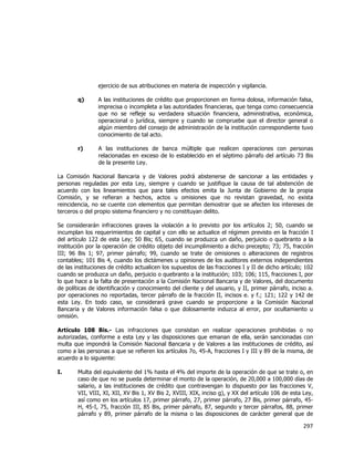  
	
  

ejercicio de sus atribuciones en materia de inspección y vigilancia.
q)

A las instituciones de crédito que proporcionen en forma dolosa, información falsa,
imprecisa o incompleta a las autoridades financieras, que tenga como consecuencia
que no se refleje su verdadera situación financiera, administrativa, económica,
operacional o jurídica, siempre y cuando se compruebe que el director general o
algún miembro del consejo de administración de la institución correspondiente tuvo
conocimiento de tal acto.

r)

A las instituciones de banca múltiple que realicen operaciones con personas
relacionadas en exceso de lo establecido en el séptimo párrafo del artículo 73 Bis
de la presente Ley.

La Comisión Nacional Bancaria y de Valores podrá abstenerse de sancionar a las entidades y
personas reguladas por esta Ley, siempre y cuando se justifique la causa de tal abstención de
acuerdo con los lineamientos que para tales efectos emita la Junta de Gobierno de la propia
Comisión, y se refieran a hechos, actos u omisiones que no revistan gravedad, no exista
reincidencia, no se cuente con elementos que permitan demostrar que se afecten los intereses de
terceros o del propio sistema financiero y no constituyan delito.
Se considerarán infracciones graves la violación a lo previsto por los artículos 2; 50, cuando se
incumplan los requerimientos de capital y con ello se actualice el régimen previsto en la fracción I
del artículo 122 de esta Ley; 50 Bis; 65, cuando se produzca un daño, perjuicio o quebranto a la
institución por la operación de crédito objeto del incumplimiento a dicho precepto; 73; 75, fracción
III; 96 Bis 1; 97, primer párrafo; 99, cuando se trate de omisiones o alteraciones de registros
contables; 101 Bis 4, cuando los dictámenes u opiniones de los auditores externos independientes
de las instituciones de crédito actualicen los supuestos de las fracciones I y II de dicho artículo; 102
cuando se produzca un daño, perjuicio o quebranto a la institución; 103; 106; 115, fracciones I, por
lo que hace a la falta de presentación a la Comisión Nacional Bancaria y de Valores, del documento
de políticas de identificación y conocimiento del cliente y del usuario, y II, primer párrafo, inciso a.
por operaciones no reportadas, tercer párrafo de la fracción II, incisos e. y f.; 121; 122 y 142 de
esta Ley. En todo caso, se considerará grave cuando se proporcione a la Comisión Nacional
Bancaria y de Valores información falsa o que dolosamente induzca al error, por ocultamiento u
omisión.
Artículo 108 Bis.- Las infracciones que consistan en realizar operaciones prohibidas o no
autorizadas, conforme a esta Ley y las disposiciones que emanan de ella, serán sancionadas con
multa que impondrá la Comisión Nacional Bancaria y de Valores a las instituciones de crédito, así
como a las personas a que se refieren los artículos 7o, 45-A, fracciones I y III y 89 de la misma, de
acuerdo a lo siguiente:
I.

Multa del equivalente del 1% hasta el 4% del importe de la operación de que se trate o, en
caso de que no se pueda determinar el monto de la operación, de 20,000 a 100,000 días de
salario, a las instituciones de crédito que contravengan lo dispuesto por las fracciones V,
VII, VIII, XI, XII, XV Bis 1, XV Bis 2, XVIII, XIX, inciso g), y XX del artículo 106 de esta Ley,
así como en los artículos 17, primer párrafo, 27, primer párrafo, 27 Bis, primer párrafo, 45H, 45-I, 75, fracción III, 85 Bis, primer párrafo, 87, segundo y tercer párrafos, 88, primer
párrafo y 89, primer párrafo de la misma o las disposiciones de carácter general que de

297	
  
	
  

 