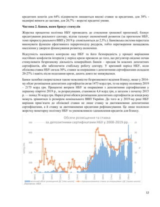 12
кредитних коштів для 64% підприємств лишаються високі ставки за кредитами, для 38% -
надмірні вимоги до застави, для 26,7% - жорсткі кредитні умови.
Частина 2. Банки, яким бракує стимулів
Жорстка процентна політика НБУ призводить до стиснення грошової пропозиції, блокує
кредитування реального сектору, відтак гальмує економічний розвиток (за прогнозом НБУ,
темп приросту реального ВВП у 2019 р. сповільниться до 2,5%.). Банківська система перестала
виконувати функцію ефективного перерозподілу ресурсів, тобто перетворення заощаджень
населення у джерело фінансування розвитку економіки.
Відсутність належного контролю над НБУ та його безпорадність у процесі вирішення
постійних конфліктів інтересів у період кризи призвели до того, що регулятор свідомо почав
стимулювати безризикову діяльність комерційних банків – продаж їм власних депозитних
сертифікатів, аби забезпечити стабільну роботу сектору. У кризовий період НБУ, коли
облікова ставка НБУ сягала 30%, ставки за операціями з депозитними сертифікатами складали
20-27% і навіть після подолання кризи, досить довго не знижувалися.
Банки залюбки скористалися такою можливістю безризикового ведення бізнесу, якщо у 2014-
му обсяг розміщення депозитних сертифікатів сягав 1473 млрд грн, то на першу половину 2019
– 2175 млрд грн. Процентні витрати НБУ за операціями з депозитними сертифікатами у
першому півріччі 2019 р., за розрахунками, становили 4,4 млрд грн, а загалом з початку 2015
р. — понад 36 млрд грн. Наразі річні обсяги розміщення депозитних сертифікатів до кінця року
можуть зрівнятися із розміром номінального ВВП України. До того ж у 2019-му році НБУ
вирішив прив’язати до облікової ставки не лише ставку за двотижневими депозитними
сертифікатами, а й ставку за двотижневими кредитами рефінансування. Це лише посилило
жорстку монетарну політику НБУ та унеможливило здешевлення кредитів для бізнесу.
0
5
10
15
20
25
0
100
200
300
400
500
08m1
09m1
10m1
11m1
12m1
13m1
14m1
15m1
16m1
17m1
18m1
19m1
%
МЛРД.ГРН.
Обсяги розміщення та ставка
за депозитними сертифікатами НБУ у 2008-2019 рр.
місячний обсяг розміщення ДС (ліва шкала) середньозважена ставка за операціями з ДС (права шкала)
Джерело: НБУ
 