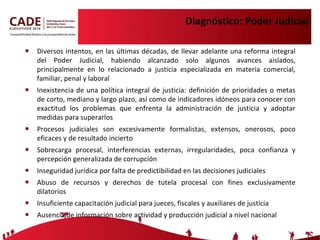 Diagnóstico: Poder Judicial Diversos intentos, en las últimas décadas, de llevar adelante una reforma integral del Poder Judicial, habiendo alcanzado solo algunos avances aislados, principalmente en lo relacionado a justicia especializada en materia comercial, familiar, penal y laboral Inexistencia de una política integral de justicia: definición de prioridades o metas de corto, mediano y largo plazo, así como de indicadores idóneos para conocer con exactitud los problemas que enfrenta la administración de justicia y adoptar medidas para superarlos Procesos judiciales son excesivamente formalistas, extensos, onerosos, poco eficaces y de resultado incierto Sobrecarga procesal, interferencias externas, irregularidades, poca confianza y percepción generalizada de corrupción Inseguridad jurídica por falta de predictibilidad en las decisiones judiciales Abuso de recursos y derechos de tutela procesal con fines exclusivamente dilatorios Insuficiente capacitación judicial para jueces, fiscales y auxiliares de justicia Ausencia de información sobre actividad y producción judicial a  nivel nacional 