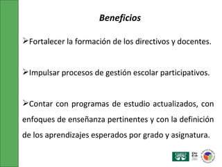 Beneficios Fortalecer la formación de los directivos y docentes. Impulsar procesos de gestión escolar participativos. Contar con programas de estudio actualizados, con enfoques de enseñanza pertinentes y con la definición de los aprendizajes esperados por grado y asignatura. 