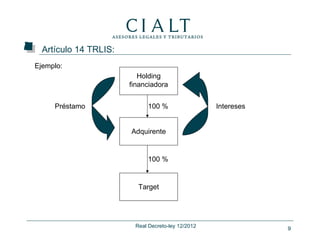 Artículo 14 TRLIS:
Ejemplo:
                          Holding
                       financiadora


     Préstamo               100 %                  Intereses


                       Adquirente


                            100 %


                         Target




                        Real Decreto-ley 12/2012               9
 