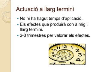 Actuació a llarg termini
 No hi ha hagut temps d’aplicació.
 Els efectes que produirà con a mig i
  llarg termini.
 2-3 trimestres per valorar els efectes.
 