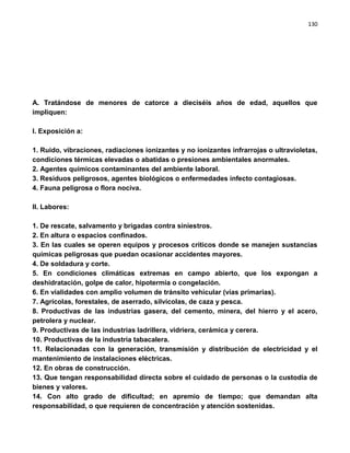 130




A. Tratándose de menores de catorce a dieciséis años de edad, aquellos que
impliquen:

I. Exposición a:

1. Ruido, vibraciones, radiaciones ionizantes y no ionizantes infrarrojas o ultravioletas,
condiciones térmicas elevadas o abatidas o presiones ambientales anormales.
2. Agentes químicos contaminantes del ambiente laboral.
3. Residuos peligrosos, agentes biológicos o enfermedades infecto contagiosas.
4. Fauna peligrosa o flora nociva.

II. Labores:

1. De rescate, salvamento y brigadas contra siniestros.
2. En altura o espacios confinados.
3. En las cuales se operen equipos y procesos críticos donde se manejen sustancias
químicas peligrosas que puedan ocasionar accidentes mayores.
4. De soldadura y corte.
5. En condiciones climáticas extremas en campo abierto, que los expongan a
deshidratación, golpe de calor, hipotermia o congelación.
6. En vialidades con amplio volumen de tránsito vehicular (vías primarias).
7. Agrícolas, forestales, de aserrado, silvícolas, de caza y pesca.
8. Productivas de las industrias gasera, del cemento, minera, del hierro y el acero,
petrolera y nuclear.
9. Productivas de las industrias ladrillera, vidriera, cerámica y cerera.
10. Productivas de la industria tabacalera.
11. Relacionadas con la generación, transmisión y distribución de electricidad y el
mantenimiento de instalaciones eléctricas.
12. En obras de construcción.
13. Que tengan responsabilidad directa sobre el cuidado de personas o la custodia de
bienes y valores.
14. Con alto grado de dificultad; en apremio de tiempo; que demandan alta
responsabilidad, o que requieren de concentración y atención sostenidas.
 
