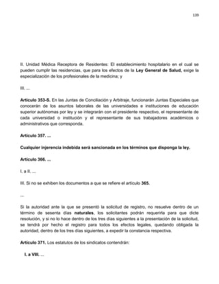 139




II. Unidad Médica Receptora de Residentes: El establecimiento hospitalario en el cual se
pueden cumplir las residencias, que para los efectos de la Ley General de Salud, exige la
especialización de los profesionales de la medicina; y

III. ...

Artículo 353-S. En las Juntas de Conciliación y Arbitraje, funcionarán Juntas Especiales que
conocerán de los asuntos laborales de las universidades e instituciones de educación
superior autónomas por ley y se integrarán con el presidente respectivo, el representante de
cada universidad o institución y el representante de sus trabajadores académicos o
administrativos que corresponda.

Artículo 357. ...

Cualquier injerencia indebida será sancionada en los términos que disponga la ley.

Artículo 366. ...

I. a II. ...

III. Si no se exhiben los documentos a que se refiere el artículo 365.

...

Si la autoridad ante la que se presentó la solicitud de registro, no resuelve dentro de un
término de sesenta días naturales, los solicitantes podrán requerirla para que dicte
resolución, y si no lo hace dentro de los tres días siguientes a la presentación de la solicitud,
se tendrá por hecho el registro para todos los efectos legales, quedando obligada la
autoridad, dentro de los tres días siguientes, a expedir la constancia respectiva.

Artículo 371. Los estatutos de los sindicatos contendrán:

      I. a VIII. ...
 