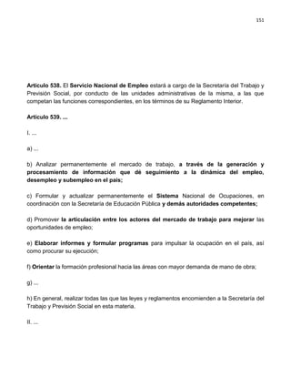 151




Artículo 538. El Servicio Nacional de Empleo estará a cargo de la Secretaría del Trabajo y
Previsión Social, por conducto de las unidades administrativas de la misma, a las que
competan las funciones correspondientes, en los términos de su Reglamento Interior.

Artículo 539. ...

I. ...

a) ...

b) Analizar permanentemente el mercado de trabajo, a través de la generación y
procesamiento de información que dé seguimiento a la dinámica del empleo,
desempleo y subempleo en el país;

c) Formular y actualizar permanentemente el Sistema Nacional de Ocupaciones, en
coordinación con la Secretaría de Educación Pública y demás autoridades competentes;

d) Promover la articulación entre los actores del mercado de trabajo para mejorar las
oportunidades de empleo;

e) Elaborar informes y formular programas para impulsar la ocupación en el país, así
como procurar su ejecución;

f) Orientar la formación profesional hacia las áreas con mayor demanda de mano de obra;

g) ...

h) En general, realizar todas las que las leyes y reglamentos encomienden a la Secretaría del
Trabajo y Previsión Social en esta materia.

II. ...
 