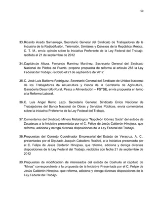 60




33. Ricardo Acedo Samaniego, Secretario General del Sindicato de Trabajadores de la
    Industria de la Radiodifusión, Televisión, Similares y Conexos de la República Mexica,
    C. T. M., envía opinión sobre la Iniciativa Preferente de la Ley Federal del Trabajo;
    recibido el 21 de septiembre de 2012

34. Capitán.de Altura. Fernando Ramírez Martínez, Secretario General del Sindicato
    Nacional de Pilotos de Puerto, propone propuesta de reforma al artículo 265 la Ley
    Federal del Trabajo; recibido el 21 de septiembre de 2012.

35. C. José Luis Baltierra Rodríguez, Secretario General del Sindicato de Unidad Nacional
    de los Trabajadores de Acuacultura y Pesca de la Secretaría de Agricultura,
    Ganadería Desarrollo Rural, Pesca y Alimentación – FSTSE, envía propuesta en torno
    a la Reforma Laboral.

36. C. Luis Angel Romo Lazo, Secretario General, Sindicato Único Nacional de
    Trabajadores del Banco Nacional de Obras y Servicios Públicos, envía comentarios
    sobre la iniciativa Preferente de la Ley Federal del Trabajo.

37. Comentarios del Sindicato Minero Metalúrgico “Napoleón Gómez Sada” del estado de
    Zacatecas a la Iniciativa presentada por el C. Felipe de Jesús Calderón Hinojosa, que
    reforma, adiciona y deroga diversas disposiciones de la Ley Federal del Trabajo.

38. Propuestas del Consejo Coordinador Empresarial del Estado de Veracruz, A. C.,
    presentadas por el Diputado Joaquín Caballero Rosiñol, a la Iniciativa presentada por
    el C. Felipe de Jesús Calderón Hinojosa, que reforma, adiciona y deroga diversas
    disposiciones de la Ley Federal del Trabajo, recibidas con fecha 21 de septiembre de
    2012

39. Propuestas de modificación de interesados del estado de Coahuila al capítulo de
    “Minas” correspondiente a la propuesta de la Iniciativa Presentada por el C. Felipe de
    Jesús Calderón Hinojosa, que reforma, adiciona y deroga diversas disposiciones de la
    Ley Federal del Trabajo.
 