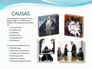 CAUSAS
Las principales causas por las que
puede surgir un conflicto en el
trabajo, son en gran parte por falta
de:
 Comunicación.
 Coordinación.
 Confianza.
 Compromiso.
 Compañerismo.
 Motivación.
En ocasiones también por un:
 Mal liderazgo.
 Mal reparto de las tareas.
 Cambio en la estructura.
 Interés personal.
 Interés económico.
 Descontento generalizado.

 