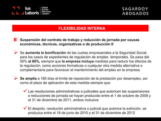 FLEXIBILIDAD INTERNA Suspensión del contrato de trabajo y reducción de jornada por causas económicas, técnicas, organizativas o de producción II Se  aumenta la bonificación  de las cuotas empresariales a la Seguridad Social, para los casos de expedientes de regulación de empleo  temporales. Se pasa del 50%  al 80%,  siempre que  la empresa incluya  medidas para reducir los efectos de la regulación, como acciones formativas o cualquier otra medida alternativa o complementaria para favorecer el mantenimiento del empleo en la empresa Se amplía  a 180 días el límite de reposición de la prestación por desempleo, así como el plazo de aplicación de esta medida siempre que: Las resoluciones administrativas o judiciales que autoricen las suspensiones o reducciones de jornada se hayan producido entre el 1 de octubre de 2008 y el 31 de diciembre de 2011, ambos inclusive El despido, resolución administrativa o judicial que autorice la extinción, se produzca entre el 18 de junio de 2010 y el 31 de diciembre de 2012 