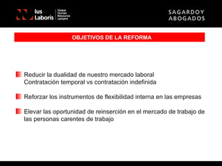 OBJETIVOS DE LA REFORMA Reducir la dualidad de nuestro mercado laboral Contratación temporal vs contratación indefinida Reforzar los instrumentos de flexibilidad interna en las empresas Elevar las oportunidad de reinserción en el mercado de trabajo de las personas carentes de trabajo 