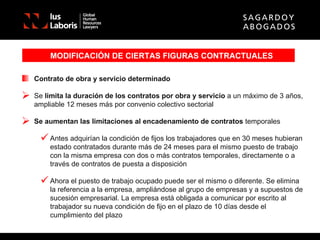 MODIFICACIÓN DE CIERTAS FIGURAS CONTRACTUALES Contrato de obra y servicio determinado Se  limita la duración de los contratos por obra y servicio  a un máximo de 3 años, ampliable 12 meses más por convenio colectivo sectorial Se aumentan las limitaciones al encadenamiento de contratos  temporales Antes adquirían la condición de fijos los trabajadores que en 30 meses hubieran estado contratados durante más de 24 meses para el mismo puesto de trabajo con la misma empresa con dos o más contratos temporales, directamente o a través de contratos de puesta a disposición Ahora el puesto de trabajo ocupado puede ser el mismo o diferente. Se elimina la referencia a la empresa, ampliándose al grupo de empresas y a supuestos de sucesión empresarial. La empresa está obligada a comunicar por escrito al trabajador su nueva condición de fijo en el plazo de 10 días desde el cumplimiento del plazo 