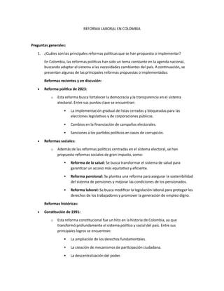REFORMA LABORAL EN COLOMBIA PARA CONOCER LA POSICION ACTUL Y LAS NORMAS ...