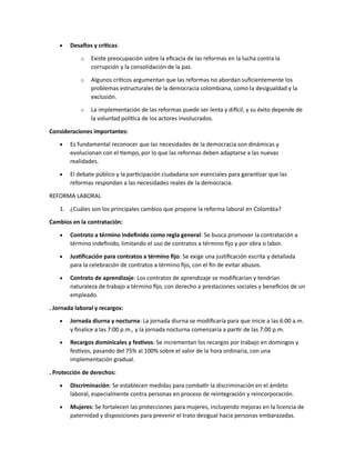 REFORMA LABORAL EN COLOMBIA PARA CONOCER LA POSICION ACTUL Y LAS NORMAS ...