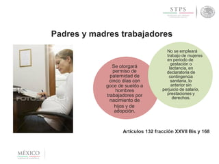 Se otorgará
permiso de
paternidad de
cinco días con
goce de sueldo a
hombres
trabajadores por
nacimiento de
gestación o
lactancia, en
declaratoria de
contingencia
sanitaria, lo
anterior sin
perjuicio de salario,
prestaciones y
derechos.
Padres y madres trabajadores
No se empleará
trabajo de mujeres
en periodo de
hijos y de
adopción.
Artículos 132 fracción XXVII Bis y 168
 