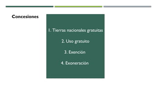 Concesiones
1. Tierras nacionales gratuitas
2. Uso gratuito
3. Exención
4. Exoneración
 
