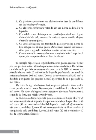 136
Reforma Política em Questão
1.	 Os partidos apresentam aos eleitores uma lista de candidatos
em ordem de preferência.
2.	 Os eleitores continuam votando em um nome da lista ou na
legenda.
3.	 O total de votos obtido por um partido (nominal mais legen-
da) é dividido pelo número de cadeiras que o partido elegeu,
obtendo-se uma quota.
4.	 Os votos de legenda são transferido para o primeiro nome da
lista até que este atinja a quota. Os votos em excesso são transfe-
ridos para o segundo candidato, e assim sucessivamente.
5.	 Caso um candidato obtenha uma votação nominal superior à
quota, ele tem prioridade na lista de eleitos.
O exemplo hipotético a seguir ilustra como quatro cadeiras eleitas
por um partido seriam alocadas para os candidatos da lista. Os catorze
candidatos do partido somados obtiveram cerca de 180 mil votos, e o
partido obteve mais 20 mil votos de legenda, perfazendo um total de
aproximadamente 200 mil votos. O total de votos (cerca de 200 mil) é
dividido por quatro (as cadeiras eleitas) encontrando-se a quota de 50
mil votos.
Os votos de legenda são transferidos para o primeiro nome da lis-
ta até que ele atinja a quota. No exemplo, o candidato 1 recebe mais 10
mil votos. Os votos de legenda remanescentes são transferidos para o
segundo da lista, que recebe 10 mil votos.
A primeira cadeira é alocada para o candidato 8, que obteve 55
mil votos nominais. A segunda iria para o candidato 1, que obteve 50
mil votos (40 mil nominais + 10 mil de legenda transferidos). A terceira
iria para o candidato 5, com 32 mil votos nominais. A última cadeira é
conquistada pelo candidato 2, com 22 mil votos (12 mil nominais + 10
mil de legenda transferidos).
 