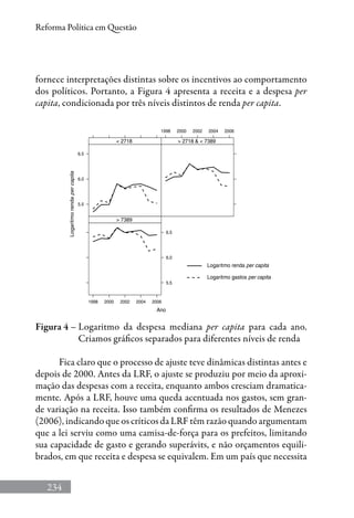 234
Reforma Política em Questão
fornece interpretações distintas sobre os incentivos ao comportamento
dos políticos. Portanto, a Figura 4 apresenta a receita e a despesa per
capita, condicionada por três níveis distintos de renda per capita.
Figura 4 – Logaritmo da despesa mediana per capita para cada ano.
Criamos gráficos separados para diferentes níveis de renda
Fica claro que o processo de ajuste teve dinâmicas distintas antes e
depois de 2000. Antes da LRF, o ajuste se produziu por meio da aproxi-
mação das despesas com a receita, enquanto ambos cresciam dramatica-
mente. Após a LRF, houve uma queda acentuada nos gastos, sem gran-
de variação na receita. Isso também confirma os resultados de Menezes
(2006), indicando que os críticos da LRF têm razão quando argumentam
que a lei serviu como uma camisa-de-força para os prefeitos, limitando
sua capacidade de gasto e gerando superávits, e não orçamentos equili-
brados, em que receita e despesa se equivalem. Em um país que necessita
 