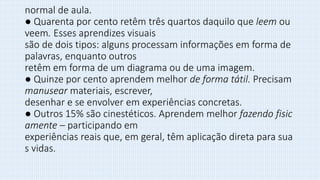 normal de aula.
● Quarenta por cento retêm três quartos daquilo que leem ou
veem. Esses aprendizes visuais
são de dois tipos: alguns processam informações em forma de
palavras, enquanto outros
retêm em forma de um diagrama ou de uma imagem.
● Quinze por cento aprendem melhor de forma tátil. Precisam
manusear materiais, escrever,
desenhar e se envolver em experiências concretas.
● Outros 15% são cinestéticos. Aprendem melhor fazendo fisic
amente – participando em
experiências reais que, em geral, têm aplicação direta para sua
s vidas.
 