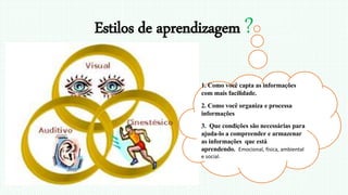 Estilos de aprendizagem ?
1. Como você capta as informações
com mais facilidade.
2. Como você organiza e processa
informações
3. Que condições são necessárias para
ajuda-lo a compreender e armazenar
as informações que está
aprendendo. Emocional, física, ambiental
e social.
 