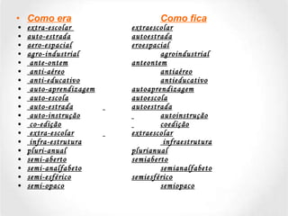 Como era Como fica extra-escolar  extraescolar auto-estrada autoestrada aero-espacial eroespacial agro-industrial agroindustrial ante-ontem anteontem anti-aéreo antiaéreo anti-educativo antieducativo auto-aprendizagem autoaprendizagem auto-escola autoescola auto-estrada   autoestrada auto-instrução   autoinstrução co-edição   coedição extra-escolar   extraescolar infra-estrutura  infraestrutura pluri-anual plurianual semi-aberto semiaberto semi-analfabeto semianalfabeto semi-esférico semiesférico semi-opaco semiopaco 