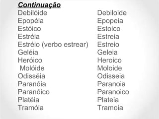 Continuação Debilóide  Debiloide Epopéia  Epopeia  Estóico  Estoico  Estréia  Estreia  Estréio (verbo estrear) Estreio  Geléia  Geleia  Heróico  Heroico  Molóide  Moloide  Odisséia  Odisseia  Paranóia  Paranoia Paranóico  Paranoico  Platéia  Plateia  Tramóia  Tramoia 