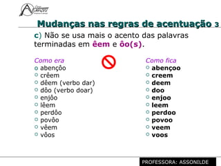 Profª. Rosaura Albuquerque Leão
Dr. em Linguística
c) Não se usa mais o acento das palavras
terminadas em êem e ôo(s).
Como era
o abençôo
 crêem
 dêem (verbo dar)
 dôo (verbo doar)
 enjôo
 lêem
 perdôo
 povôo
 vêem
 vôos
Como fica
 abençoo
 creem
 deem
 doo
 enjoo
 leem
 perdoo
 povoo
 veem
 voos
Mudanças nas regras de acentuaçãoMudanças nas regras de acentuação 33
PROFESSORA: ASSONILDE
 