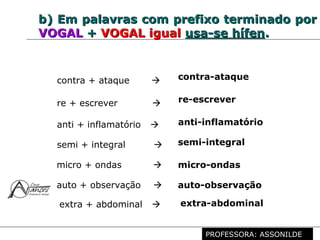 Profª. Rosaura Albuquerque Leão
Dr. em Linguística
b)b) Em palavras comEm palavras com prefixo terminado porprefixo terminado por
VOGALVOGAL ++ VOGAL igualVOGAL igual usa-se hífenusa-se hífen..
re + escrever  re-escrever
contra + ataque  contra-ataque
micro + ondas  micro-ondas
anti + inflamatório  anti-inflamatório
semi + integral  semi-integral
auto + observação  auto-observação
extra + abdominal  extra-abdominal
PROFESSORA: ASSONILDE
 
