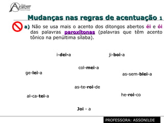 Profª. Rosaura Albuquerque Leão
Dr. em Linguística
Mudanças nas regras de acentuaçãoMudanças nas regras de acentuação 11
a)a) Não se usa mais o acento dos ditongos abertos éi e ói
das palavras paroxítonasparoxítonas (palavras que têm acento
tônico na penúltima sílaba).
i-i-dei-dei-aa
ge-ge-leilei-a-a
ji-ji-boiboi-a-a
he-he-roiroi-co-co
as-sem-as-sem-bleiblei-a-a
al-ca-al-ca-teitei-a-a
col-col-meimei-a-a
as-te-as-te-roiroi-de-de
Joi - a
PROFESSORA: ASSONILDE
 