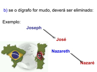 b)  se o dígrafo for mudo, deverá ser eliminado: Exemplo:  Joseph José Nazareth  Nazaré 