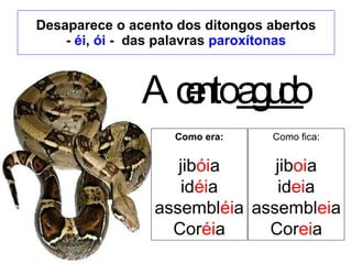 Desaparece o acento dos ditongos abertos -  éi ,  ói  -  das palavras  paroxítonas Acento  agudo Como fica: jib oi a id ei a assembl ei a Cor ei a Como era: jib ói a id éi a assembl éi a Cor éi a 