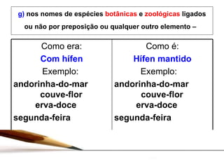 g)  nos nomes de espécies  botânicas  e  zoológicas  ligados ou não por preposição ou qualquer outro elemento –   Como era: Com hífen Exemplo:  andorinha-do-mar  couve-flor   erva-doce segunda-feira Como é: Hífen mantido Exemplo:   andorinha-do-mar  couve-flor  erva-doce segunda-feira 
