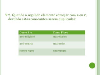    2. Quando o segundo elemento começar com s ou r,
    devendo estas consoantes serem duplicadas:


          Como Era             Como Ficou
          anti-religioso       antireligioso

          anti-semita          antisemita

          contra-regra         contraregra
 