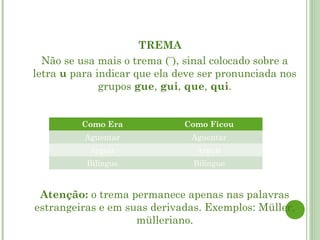 TREMA
 Não se usa mais o trema (¨), sinal colocado sobre a
letra u para indicar que ela deve ser pronunciada nos
              grupos gue, gui, que, qui.


          Como Era            Como Ficou
          Aguentar              Aguentar
           Arguir                Arguir
           Bilíngue             Bilíngue


 Atenção: o trema permanece apenas nas palavras
estrangeiras e em suas derivadas. Exemplos: Müller,
                    mülleriano.
 