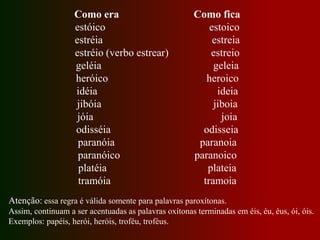Como era Como fica
estóico estoico
estréia estreia
estréio (verbo estrear) estreio
geléia geleia
heróico heroico
idéia ideia
jibóia jiboia
jóia joia
odisséia odisseia
paranóia paranoia
paranóico paranoico
platéia plateia
tramóia tramoia
Atenção: essa regra é válida somente para palavras paroxítonas.
Assim, continuam a ser acentuadas as palavras oxítonas terminadas em éis, éu, éus, ói, óis.
Exemplos: papéis, herói, heróis, troféu, troféus.
 